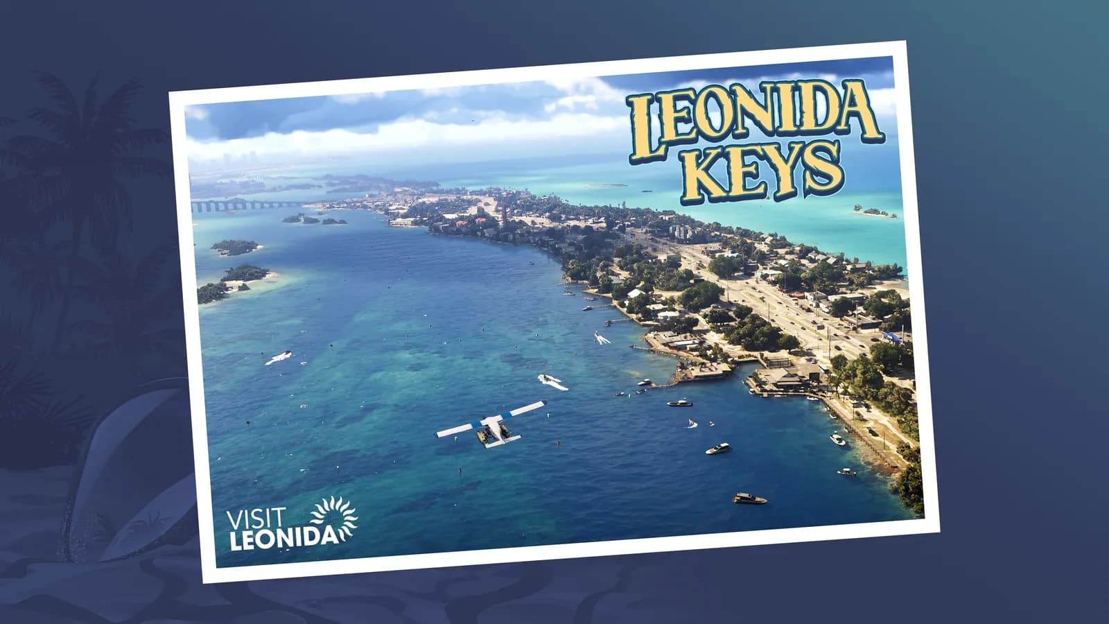Visit Leonida postcard showing a seaplane flying over the islands of the Leonida Keys